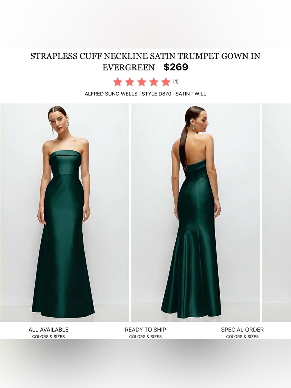 ALFRED SUNG Evergreen Strapless Satin Trumpet Gown